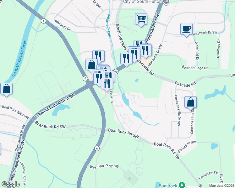 map of restaurants, bars, coffee shops, grocery stores, and more near 5688 Cascade Run in Atlanta