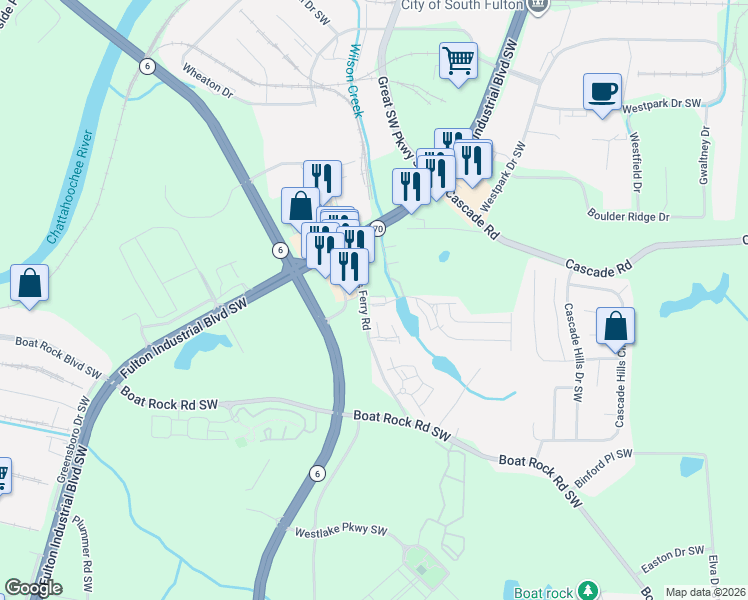 map of restaurants, bars, coffee shops, grocery stores, and more near 5691 Cascade Run in Atlanta