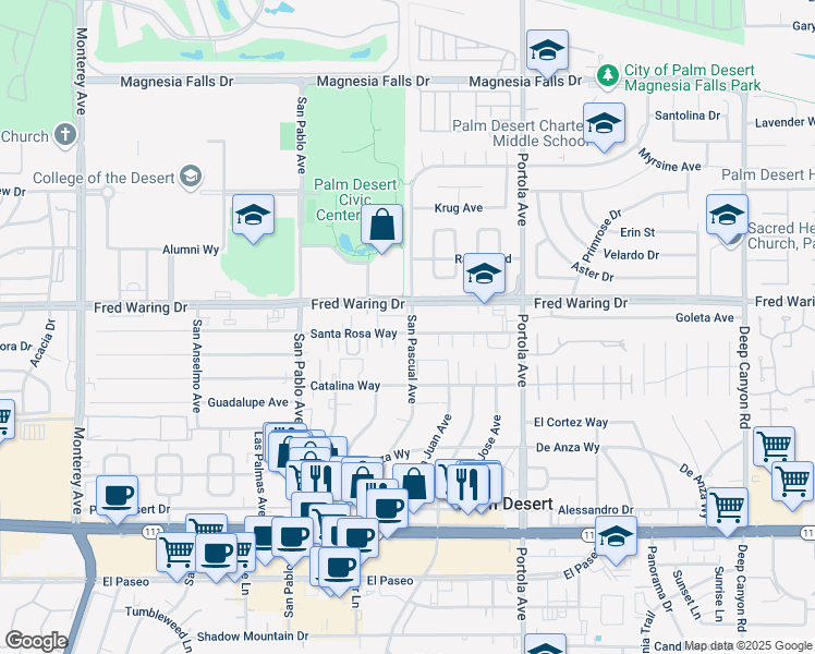 map of restaurants, bars, coffee shops, grocery stores, and more near 73740 Santa Rosa Way in Palm Desert