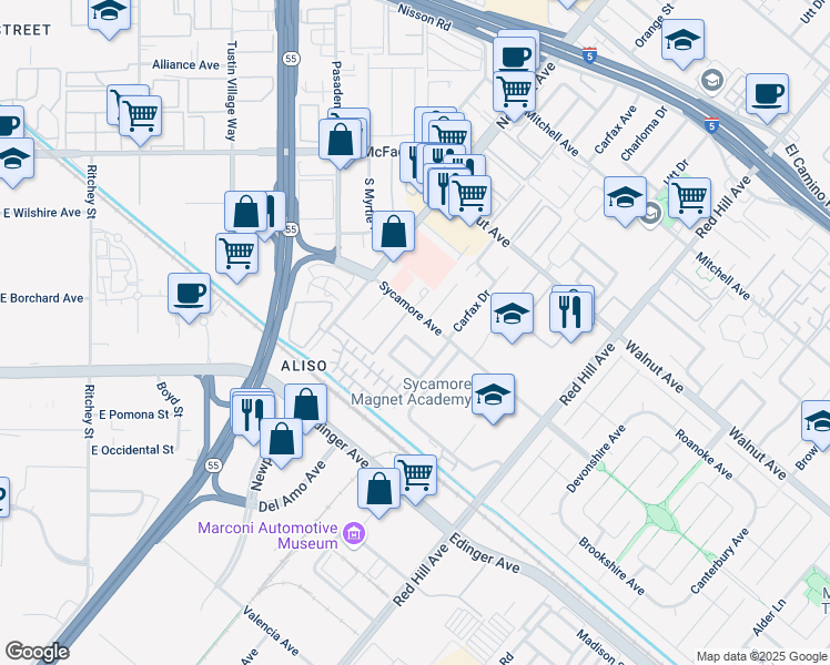 map of restaurants, bars, coffee shops, grocery stores, and more near 1151 Mear Lane in Tustin