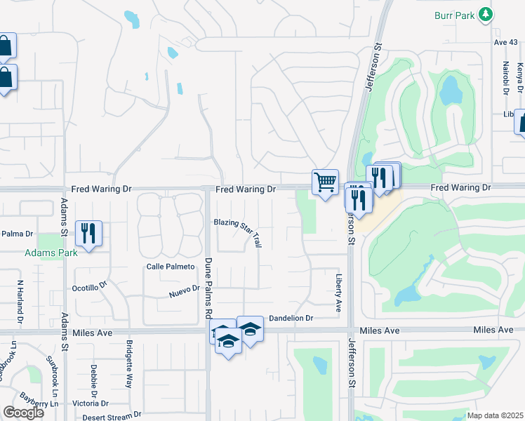 map of restaurants, bars, coffee shops, grocery stores, and more near 44150 Sweet Bush Lane in La Quinta