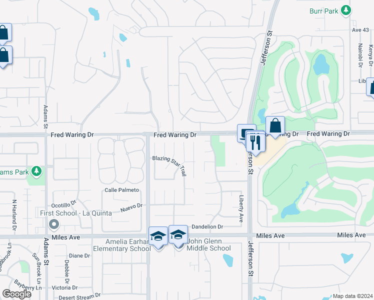 map of restaurants, bars, coffee shops, grocery stores, and more near 44150 Sweet Bush Lane in La Quinta