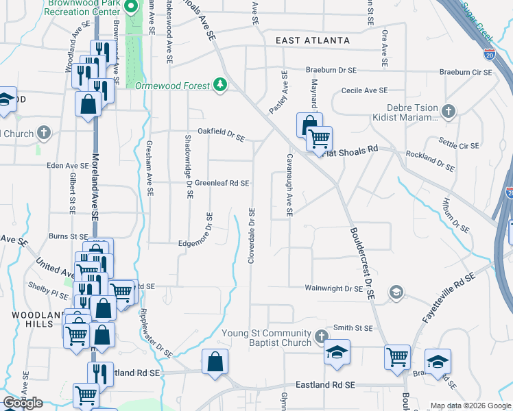 map of restaurants, bars, coffee shops, grocery stores, and more near 2160 Cloverdale Drive Southeast in Atlanta