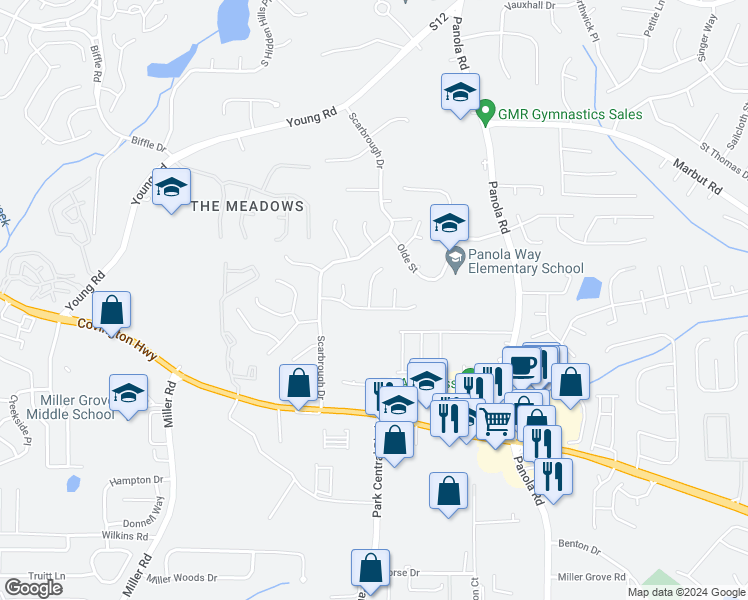 map of restaurants, bars, coffee shops, grocery stores, and more near 2092 Countydown Lane in Stone Mountain