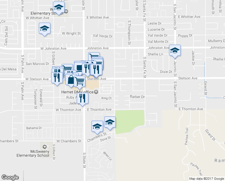 map of restaurants, bars, coffee shops, grocery stores, and more near 1183 South Buena Vista Street in Hemet