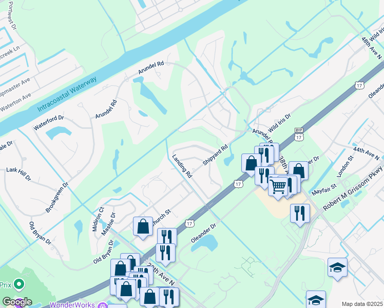map of restaurants, bars, coffee shops, grocery stores, and more near 3510 Lighthouse Way in Myrtle Beach