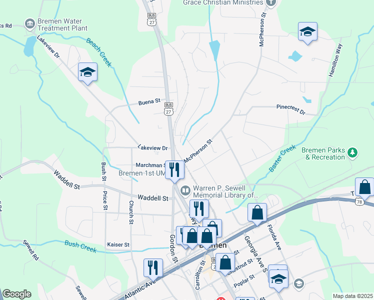 map of restaurants, bars, coffee shops, grocery stores, and more near 406 McPherson Street in Bremen