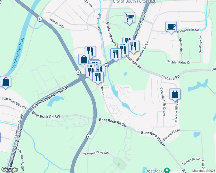 map of restaurants, bars, coffee shops, grocery stores, and more near 5688 Cascade Run in Atlanta