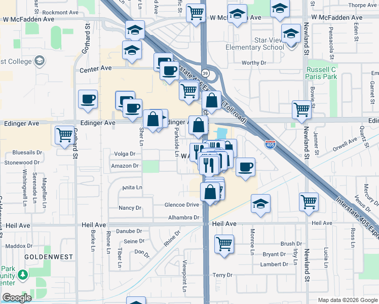 map of restaurants, bars, coffee shops, grocery stores, and more near 7925 Stark Drive in Huntington Beach