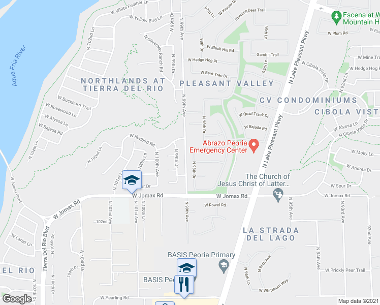 map of restaurants, bars, coffee shops, grocery stores, and more near 26932 98th Drive in Peoria