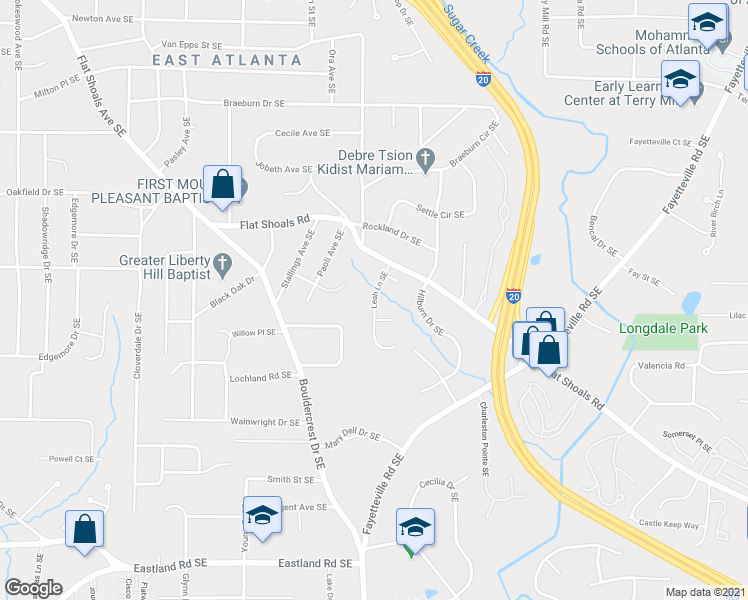 map of restaurants, bars, coffee shops, grocery stores, and more near 1040 Leah Lane Southeast in Atlanta