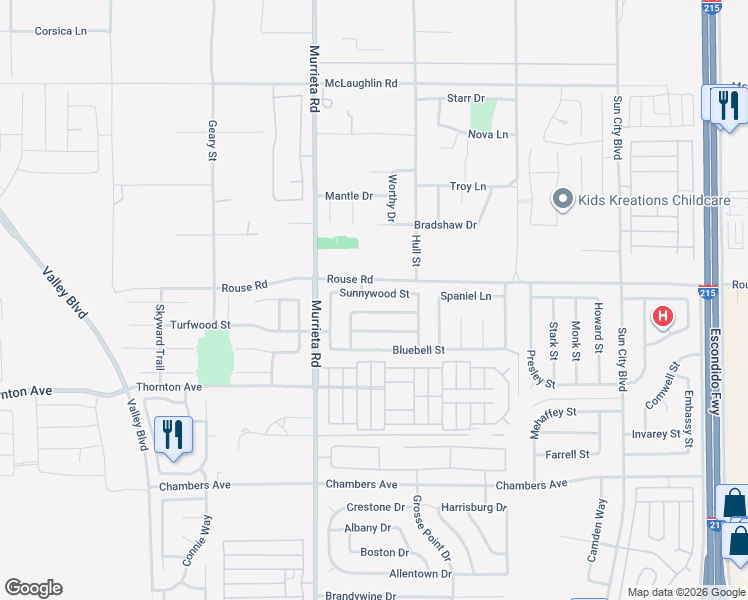 map of restaurants, bars, coffee shops, grocery stores, and more near 26141 Sunnywood Street in Menifee