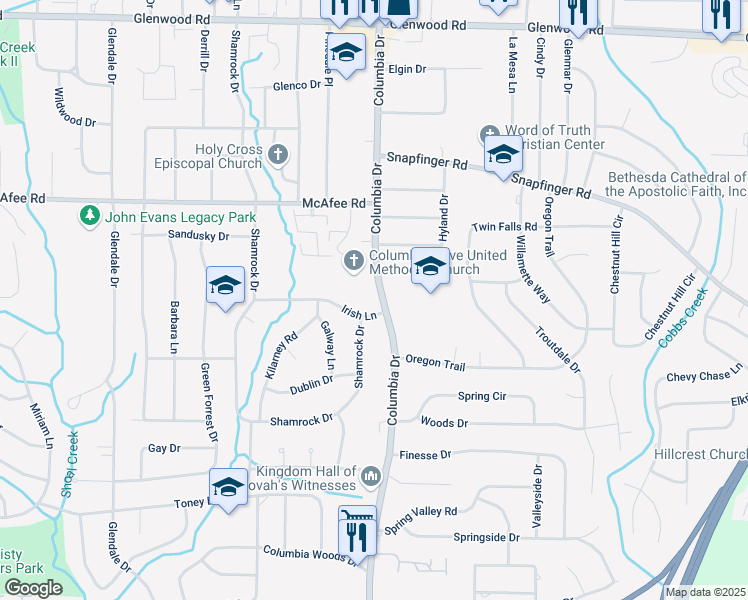 map of restaurants, bars, coffee shops, grocery stores, and more near 2103 Columbia Drive in Decatur