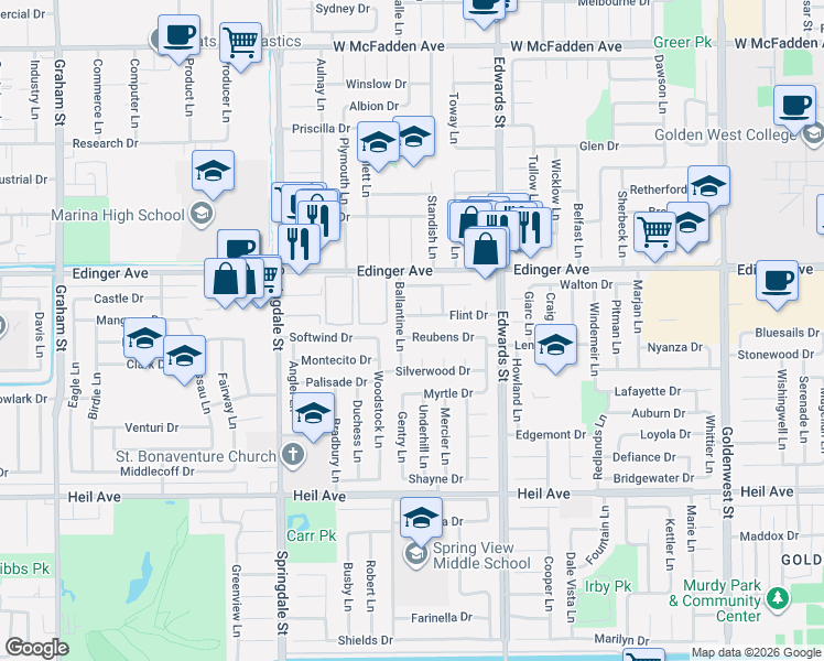 map of restaurants, bars, coffee shops, grocery stores, and more near 6312 Reubens Drive in Huntington Beach