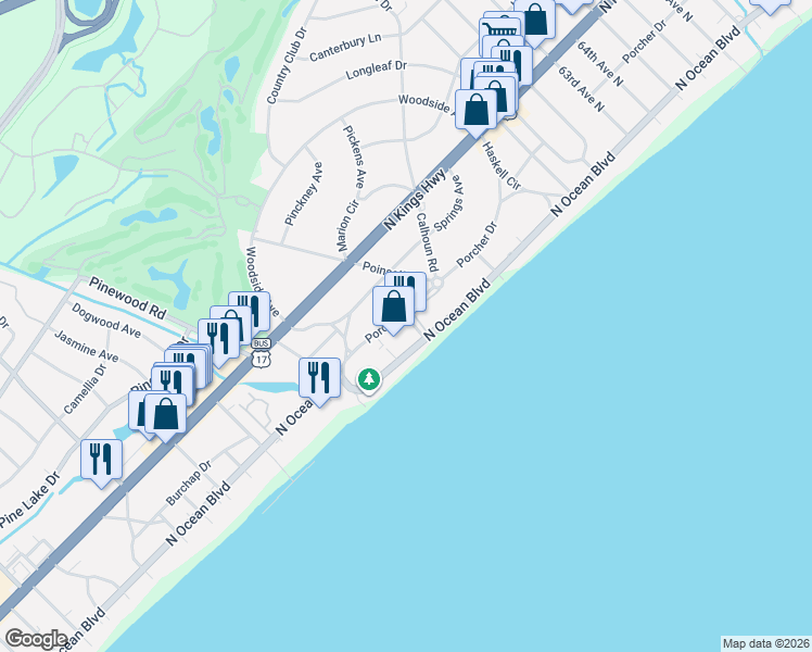 map of restaurants, bars, coffee shops, grocery stores, and more near 114 North Ocean Boulevard in Myrtle Beach