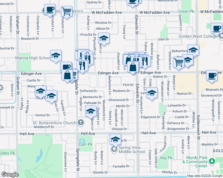 map of restaurants, bars, coffee shops, grocery stores, and more near 6271 Reubens Drive in Huntington Beach