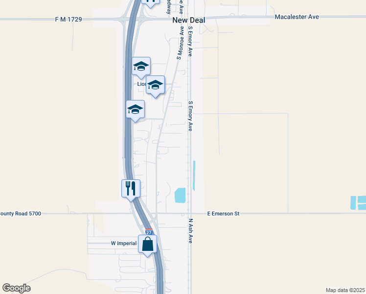map of restaurants, bars, coffee shops, grocery stores, and more near South Emory Avenue in Lubbock