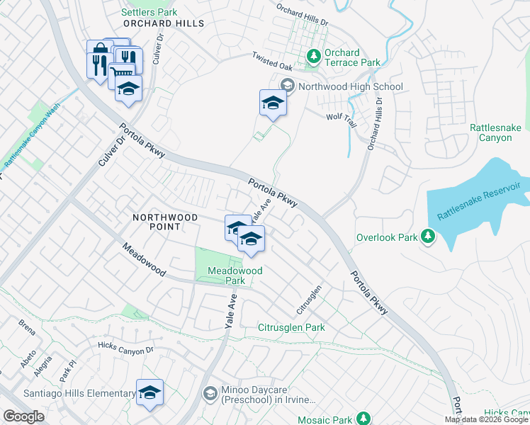 map of restaurants, bars, coffee shops, grocery stores, and more near 33 Mount Vernon in Irvine