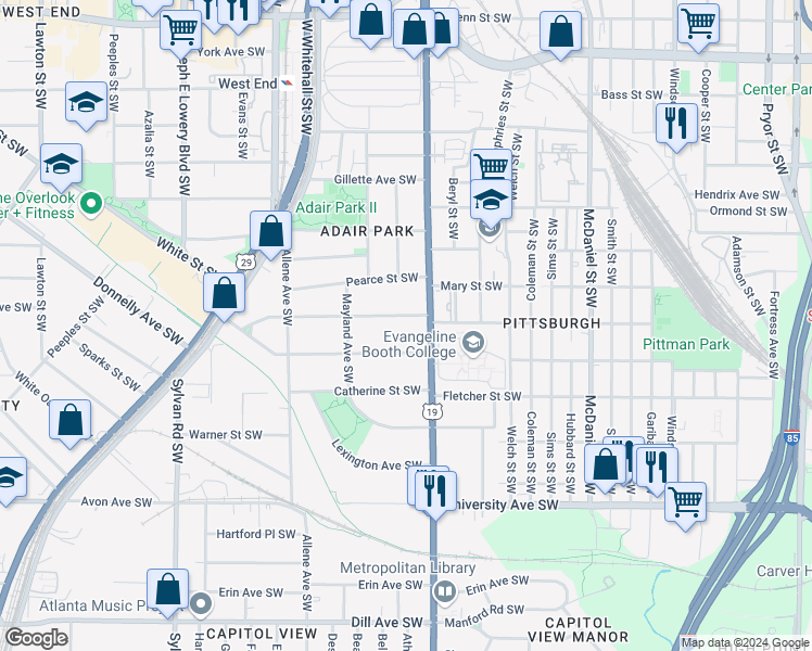 map of restaurants, bars, coffee shops, grocery stores, and more near 665 Brookline Street Southwest in Atlanta