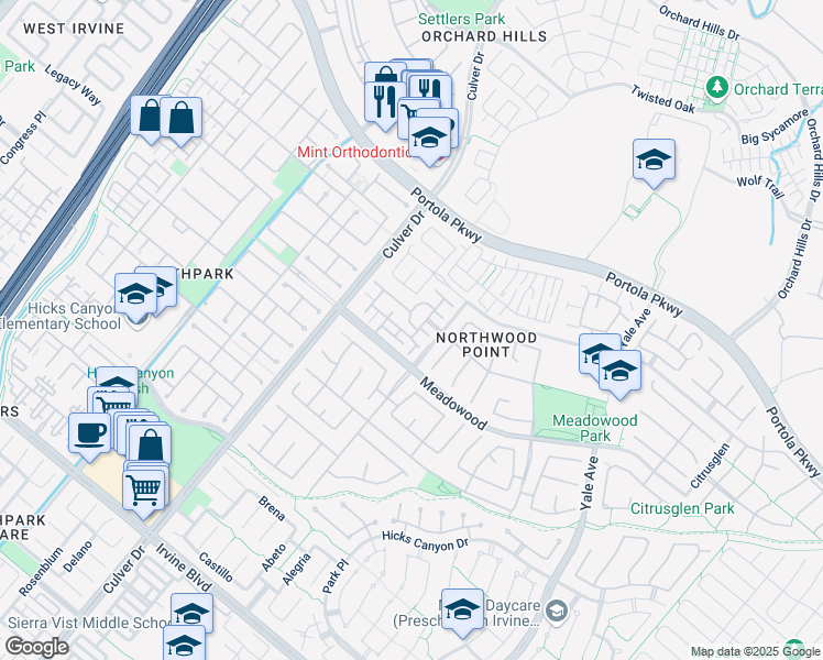 map of restaurants, bars, coffee shops, grocery stores, and more near 315 Rathbourne in Irvine