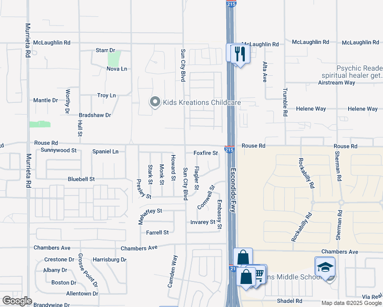 map of restaurants, bars, coffee shops, grocery stores, and more near 27797 Foxfire Street in Menifee