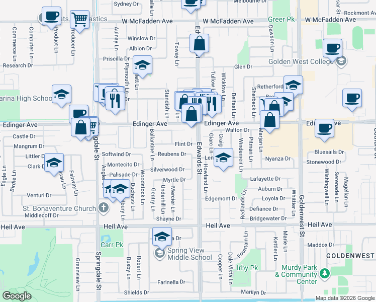 map of restaurants, bars, coffee shops, grocery stores, and more near 6431 Reubens Drive in Huntington Beach