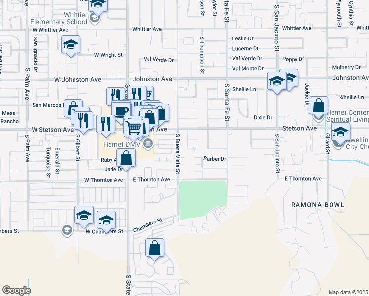 map of restaurants, bars, coffee shops, grocery stores, and more near 1175 Vía Del Eco in Hemet