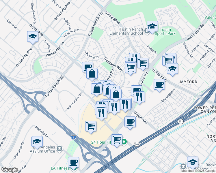 map of restaurants, bars, coffee shops, grocery stores, and more near 2736 Monza in Tustin
