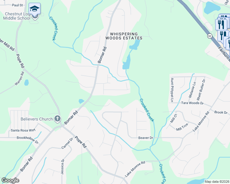 map of restaurants, bars, coffee shops, grocery stores, and more near 3299 South Whisper Drive in Douglasville