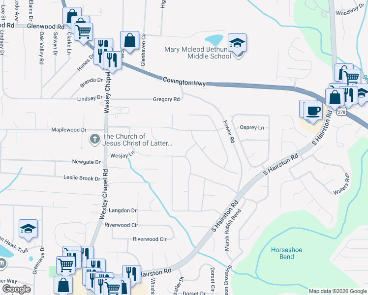 map of restaurants, bars, coffee shops, grocery stores, and more near 2122 Tudor Castle Way in Decatur