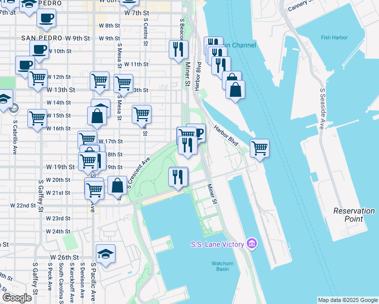 map of restaurants, bars, coffee shops, grocery stores, and more near 112 East 22nd Street in Los Angeles