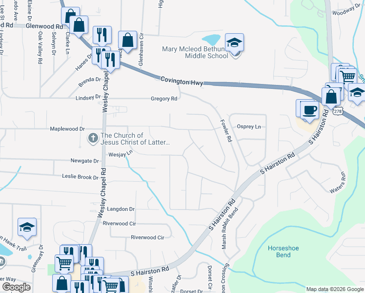 map of restaurants, bars, coffee shops, grocery stores, and more near 2122 Tudor Castle Way in Decatur