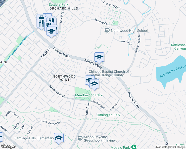 map of restaurants, bars, coffee shops, grocery stores, and more near 1502 Timberwood in Irvine