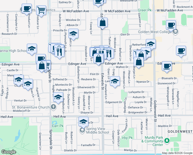 map of restaurants, bars, coffee shops, grocery stores, and more near 6431 Reubens Drive in Huntington Beach