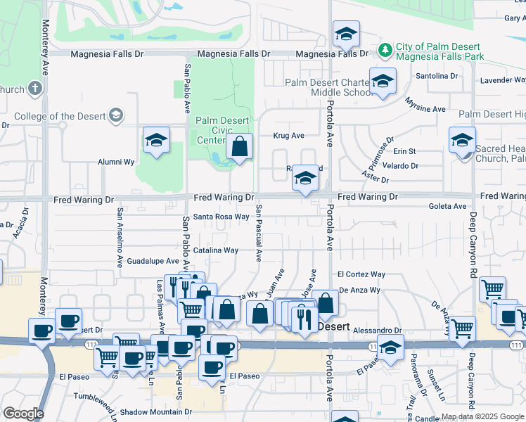 map of restaurants, bars, coffee shops, grocery stores, and more near 73750 Santa Rosa Way in Palm Desert