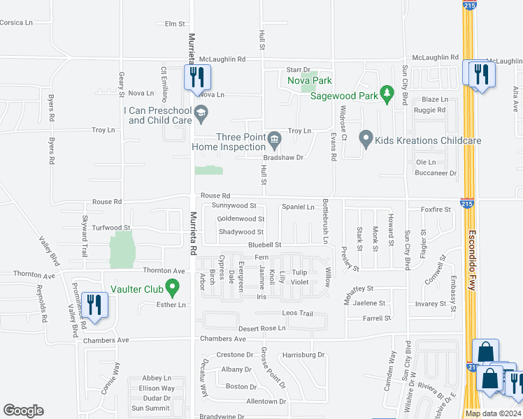map of restaurants, bars, coffee shops, grocery stores, and more near 26255 Sunnywood Street in Menifee