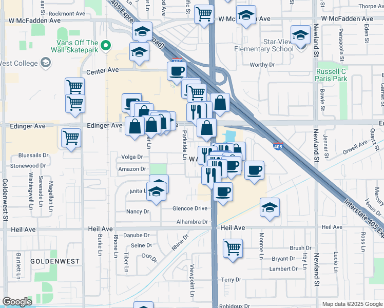 map of restaurants, bars, coffee shops, grocery stores, and more near 7901 Stark Drive in Huntington Beach
