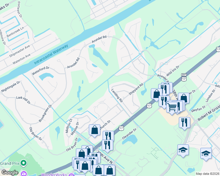 map of restaurants, bars, coffee shops, grocery stores, and more near 1625 North 33rd Avenue in Myrtle Beach