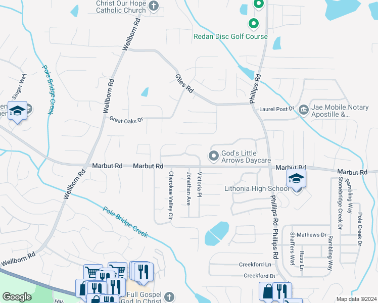 map of restaurants, bars, coffee shops, grocery stores, and more near 6123 Raintree Bend in Lithonia