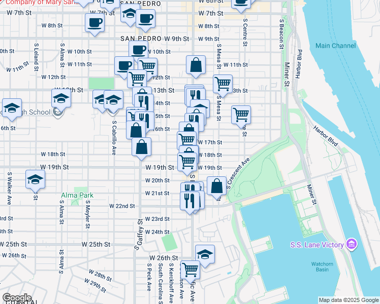 map of restaurants, bars, coffee shops, grocery stores, and more near 1733 South Pacific Avenue in Los Angeles