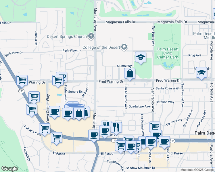 map of restaurants, bars, coffee shops, grocery stores, and more near 73100 Santa Rosa Way in Palm Desert