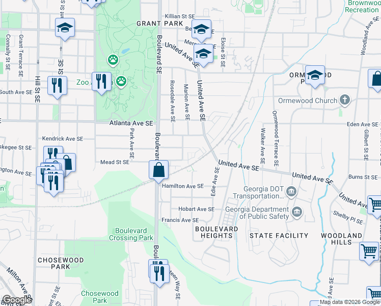 map of restaurants, bars, coffee shops, grocery stores, and more near 655 Mead Street Southeast in Atlanta