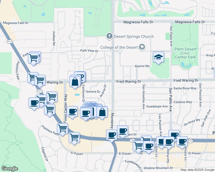 map of restaurants, bars, coffee shops, grocery stores, and more near 44086 Acacia Drive in Palm Desert