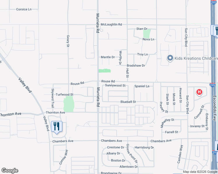 map of restaurants, bars, coffee shops, grocery stores, and more near 26083 Sunnywood Street in Menifee