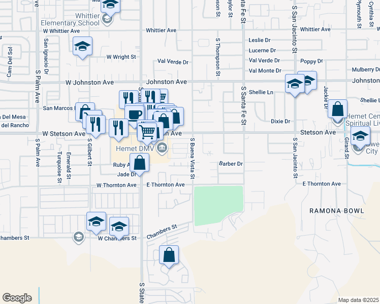 map of restaurants, bars, coffee shops, grocery stores, and more near 1183 South Buena Vista Street in Hemet