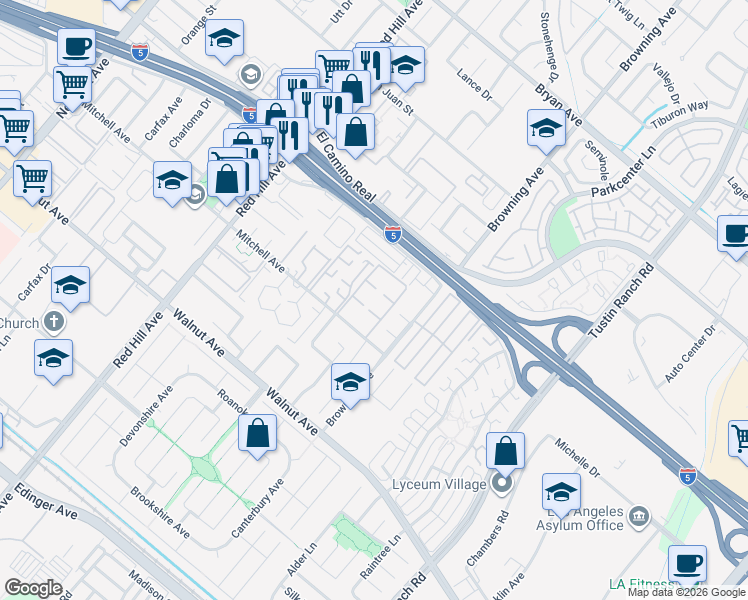 map of restaurants, bars, coffee shops, grocery stores, and more near 1881 Mitchell Avenue in Tustin