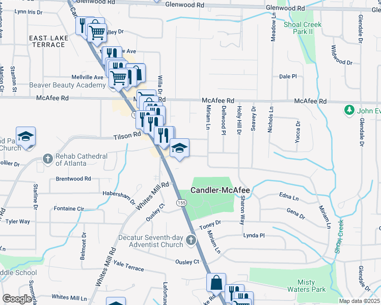 map of restaurants, bars, coffee shops, grocery stores, and more near 2742 Oakland Terrace in Decatur