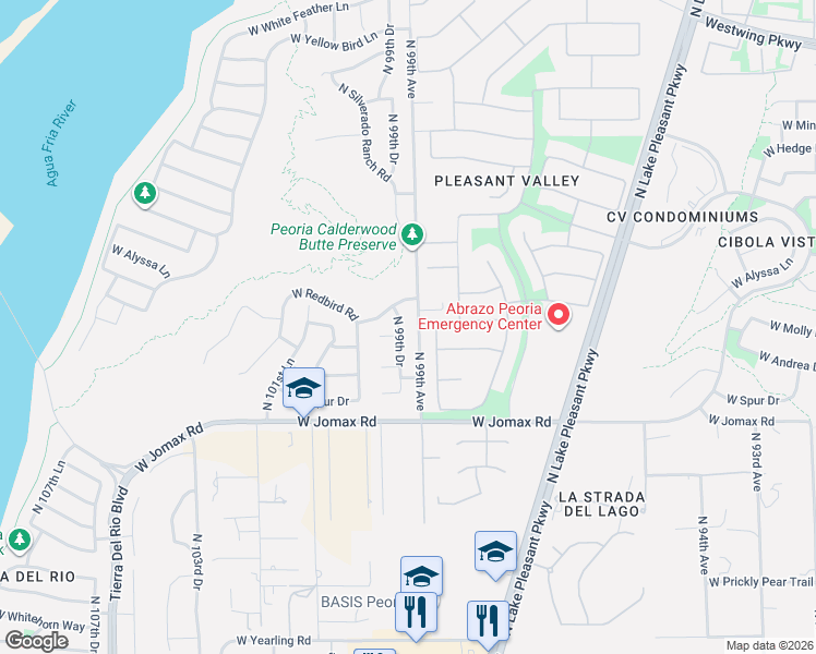 map of restaurants, bars, coffee shops, grocery stores, and more near 26877 North 99th Drive in Peoria