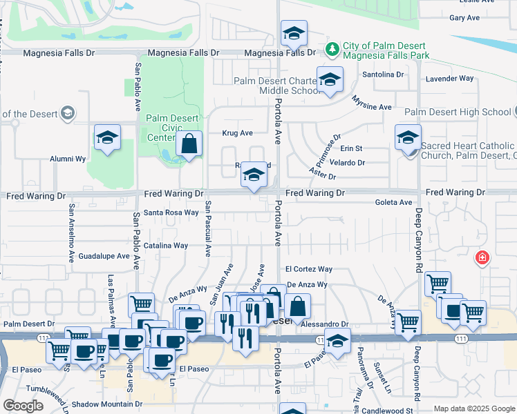map of restaurants, bars, coffee shops, grocery stores, and more near 73980 Olive Court in Palm Desert