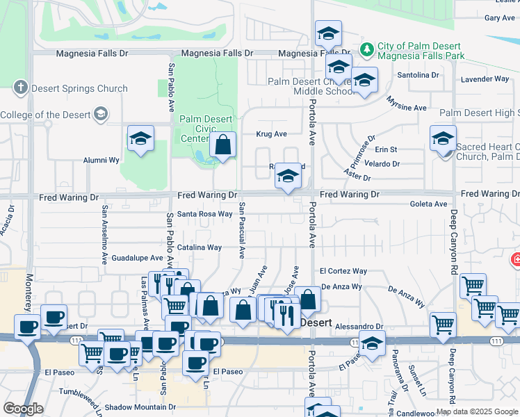 map of restaurants, bars, coffee shops, grocery stores, and more near 73775 Santa Rosa Way in Palm Desert